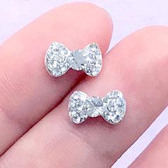 CLEARANCE Tiny Bowtie Bow Cabochon (2pcs) (Silver w/ Clear Rhinestones) Fake Miniature Cupcake Topper Earring Making Nail Art Decoration NAC067