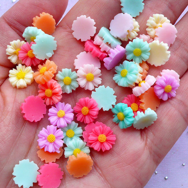 Tiny Chrysanthemum Cabochon Assortment | Pastel Flower Embellishments | Floral Nail Design (Mixed Colors / 10mm / 5pcs by Random)