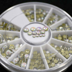 Tiny Nail Art Stud Wheel | Assorted Circle Metal Studs | Faux Moonstone Cabochon Mix | Round Nail Charms (2mm, 3mm & 4mm / AB White / Flat Back)