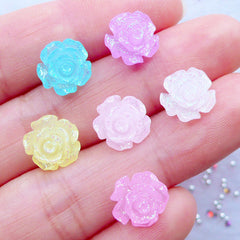Glittery Flower Cabochons | Tiny Mini Floral Cabochons with Glitter | Pastel Flower Embellishment | Fairy Kei Nail Art Flowers | Kawaii Nail Deco Supplies | Resin Decoden Pieces (6pcs / Assorted Colorful Mix / 10mm / Flat Back)