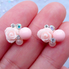Baby Pink Flower Nail Charms with Rhinestones | Floral Nail Art | Kawaii Nail Designs | UV Resin Art | Mini Embellishments | Stud Earrings Making (2pcs / 13mm x 10mm)