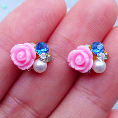 Floral Nail Charms with Rhinestones | Flower Nail Art | Kawaii Nail Deco | UV Resin Craft | Tiny Embellishments | Stud Earrings DIY (2pcs / 12mm x 8mm)