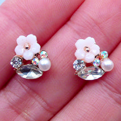Cherry Blossom Nail Charms with Rhinestones | Tiny Mini Sakura Cabochon | Floral Nail Designs | Flower Nail Deco | UV Resin Art | Nail Art Supplies (2pcs / Cream White / 9mm x 9mm)