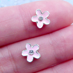 Pink Flower Floating Charms with Rhinestones | Floral Nail Art Charm | Flower Nail Designs | Nail Deco | UV Resin Craft | Memory Locket Making (2pcs / Pink / 8mm x 7mm)