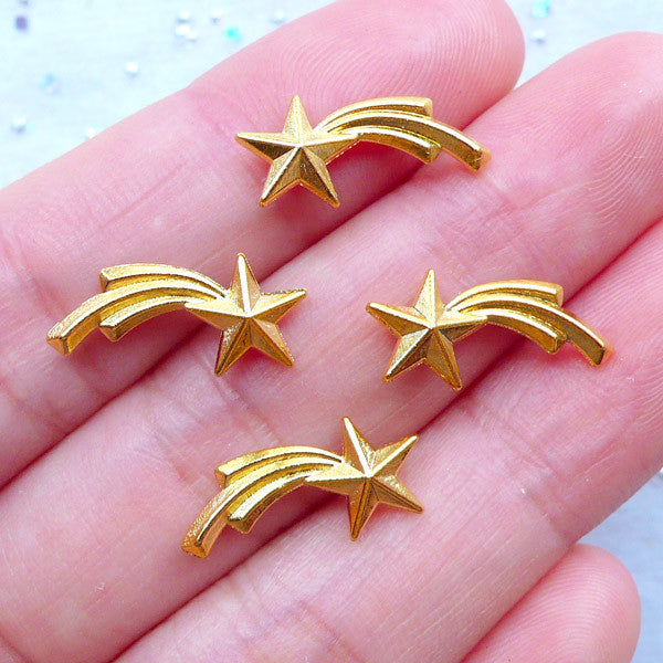 Shooting Star Charms for Kawaii UV Resin Jewelry Making | Space Galaxy Embellishments for Resin Filling | Small Metal Cabochons (4pcs / Gold / 8mm x 16mm / 2 Sided)