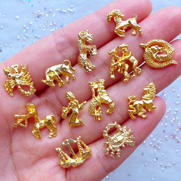 Zodiac Sign Charms | Horoscope Embellishments | Kawaii UV Resin Filling Materials | Astrology Jewelry (Set of 12pcs / Gold)