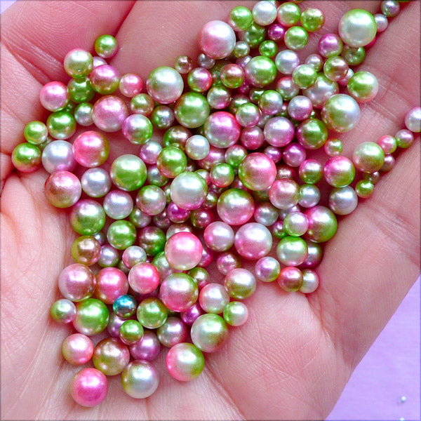 No Hole Pearl Assortment in Various Sizes | Green and Pink Gradient Pearls | Round ABS Pearl (Summer Fairy Garden / 3mm to 6mm / 100-150pcs)
