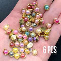 Iridescent Pearl Cabochon with Setting | Faux Pearls | Nail Art Charm | Kawaii Jewelry DIY Supplies (6 pcs by random / 6mm x 9mm)