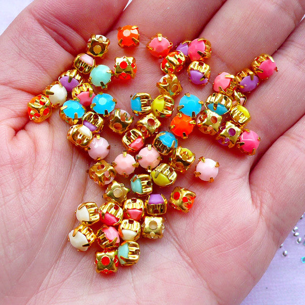 Neon Pastel Color Sew On Rhinestones | 5mm Round Acrylic Rhinestones | Nail Design & Sewing Supplies (Colorful Mix / 4pcs by Random)