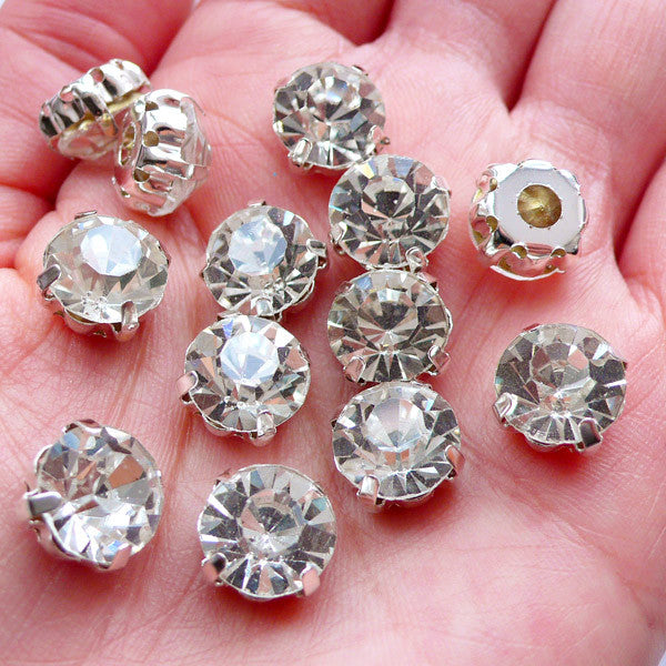 CLEARANCE 10mm Sew On Glass Gemstones | SS45 Glue On Glass Rhinestones | Loose Glass Crystal | Bling Bling Wedding Supplies | Sewing Crafts (Clear with Silver Setting / 12pcs)