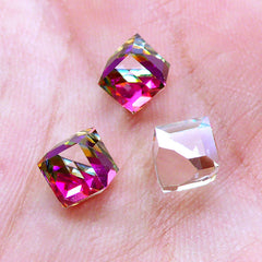 Cube Shaped Glass Rhinestones with Flat Back Silver Foiled Corner | Cubic Glass Gemstones | Glue On Glass Jewel | Faceted Square Crystal | Bling Bling Aurora Borealis Embellishment (6pcs / 6mm / AB Clear )