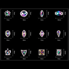 Assorted AB Rhinestones in Various Shapes | Faceted Gemstone Assortment | Bling Bling Nail Art | Teardrop Oval Rhombus Star Crown Triangle Rectangle Round Square Crystal (Clear & AB Purple Green / 12pcs)