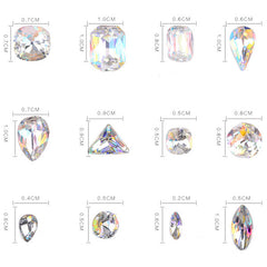 Faceted AB Glass Rhinestone Assortment | Bling Bling Gemstones in Various Shapes | Sparkle Crystal Gems in Round Teardrop Rectangle Square Navette Triangle Shapes (AB Clear / 12pcs)