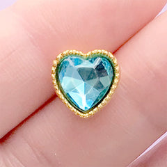 Heart Gemstone with Gold Setting | Rhinestone Embellishment | Hair Bow Center | Kawaii Craft Supplies (1 piece / Blue / 10mm x 10mm)