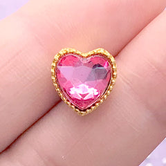 Kawaii Heart Gem with Gold Setting | Bling Bling Bow Center | Sparkle Embellishment | Decoden Supplies (1 piece / Dark Pink / 10mm x 10mm)