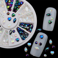 Assorted Acrylic Rhinestone Wheel in Heart, Navette & Round Shapes | AB White & AB Black Rhinestone Mix | Decoden & Nail Art Supplies