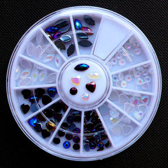 Assorted Acrylic Rhinestone Wheel in Heart, Navette & Round Shapes | AB White & AB Black Rhinestone Mix | Decoden & Nail Art Supplies