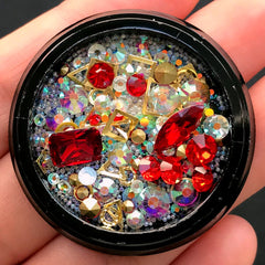 Gemstones Glass Rhinestones Metal Accents Micro Beads Mix | Shaker Charm DIY | Bling Bling Embellishments (Red & AB Clear)
