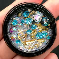 Glass Rhinestones Gems Metal Accents Micro Beads Assortment | Shaker Charm DIY | Bling Bling Memory Locket Making (Aqua Blue & AB Clear)