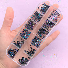 Assorted Nail Charms in AB Black Color | Resin Fillers | Mini Rhinestones in Irregular Shapes | Nail Art Supplies (12 Designs)