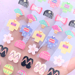 Kimono and Accessory Stickers | Sakura Hand Fan Comb Geta Lunch Box Lucky Cat Sticker | Japanese Clothing Sticker | Japan Culture Sticker
