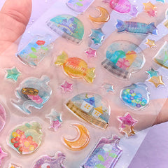Kawaii Epoxy Stickers with Glitter | Glittery Crystal Ball Carousel Candy Jar Cake Stand Rose Dome Stickers | Clear PVC Sticker