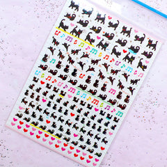 Kawaii Black Cat Stickers | PVC Sticker for Resin Art | Heart & Music Note Diary Deco Stickers