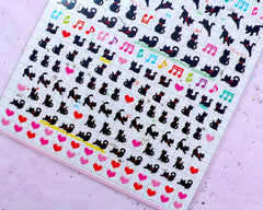 Kawaii Black Cat Stickers | PVC Sticker for Resin Art | Heart & Music Note Diary Deco Stickers
