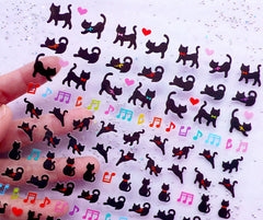 Kawaii Black Cat Stickers | PVC Sticker for Resin Art | Heart & Music Note Diary Deco Stickers