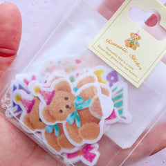 Kawaii Birthday Party Stickers | Colorful Translucent Paper Stickers (Teddy Bear, Birthday Cake, Party Banner, Balloons, Present Box, Happy Birthday Candle / 8 Designs / 34 Pieces)