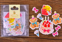 Kawaii Birthday Party Stickers | Colorful Translucent Paper Stickers (Teddy Bear, Birthday Cake, Party Banner, Balloons, Present Box, Happy Birthday Candle / 8 Designs / 34 Pieces)