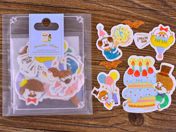 Happy Birthday Party with Father Stickers | Colorful Semi Transparent Paper Stickers | Kawaii Planner Sticker (Birthday Cake, Balloons, Gift Box, Happy Birthday, Ome Detou / 8 Designs / 34 Pieces)