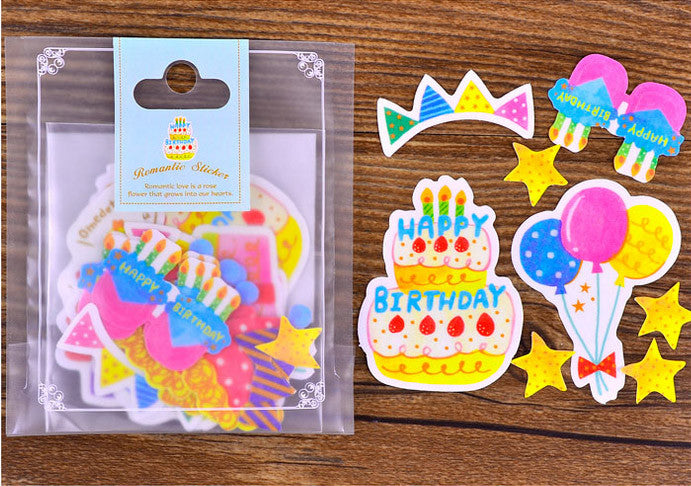 Colorful Birthday Party Stickers | Translucent Paper Stickers | Kawaii Planner Deco (Birthday Cake, Gift Box, Banner, Birthday Glasses / 8 Designs / 34 Pieces)