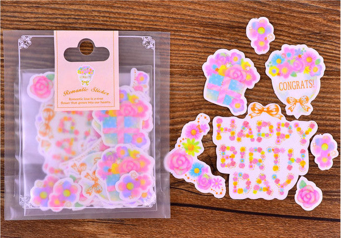 Floral Birthday Stickers | Semi Transparent Flower Paper Stickers | Pastel Planner Stickers | Birthday Card DIY  (Wreath, Rose, Flower Banner, Happy Birthday / 8 Designs / 34 Pieces)