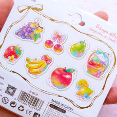 Translucent Fruit PVC Stickers | Semi Transparent Food Stickers | Kawaii Planner Sticker | Cute Scrapbooking (Grape Cherry Pear Strawberry Banana Apple Lemon / 8 Designs / 48 Pieces)
