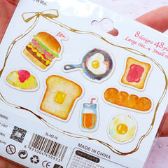 Kawaii Food Translucent Stickers | Whimsical Planner Stickers | Breskfast Stickers | Semi Transparent PVC Sticker Supplies (Hamburger Fried Egg Bacon Toast Bread Omelette Orange Juice / 8 Designs / 48 Pieces)