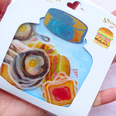 Kawaii Food Translucent Stickers | Whimsical Planner Stickers | Breskfast Stickers | Semi Transparent PVC Sticker Supplies (Hamburger Fried Egg Bacon Toast Bread Omelette Orange Juice / 8 Designs / 48 Pieces)