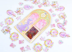 Fairy Tale Princess Sticker Flakes | Iridescent Fairy Kei Planner Stickers | Holographic Transparent PVC Sticker (Mirror Castle Flower Peace Dove Diary Book / 6 Designs / 36 Pieces)