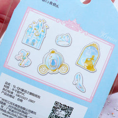 Cinderella Sticker Flakes | Holographic Fairytale Planner Stickers | Fairy Kei Princess Stickers | Iridescent Kawaii Sticker (Carriage Crown Castle Glass Shoes Slippers / 6 Designs / 36 Pieces)