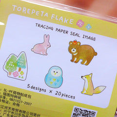 Animal Sticker Flakes in Pastel Colors | Kawaii Diary Stickers | Planner Supplies | Torepeta Flake (Rabbit Bear Pengiun Fox Forrest Tree / 5 Designs / 100 Pieces)