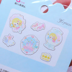 Kawaii Mermaid Sticker Flakes | Little Fairy Tale PVC Stickers | Cute Planner Stickers | Fairytale Scrapbooking (Fish Tank Seahorse Castle Sea Shell Crown / 6 Designs / 36 Pieces)