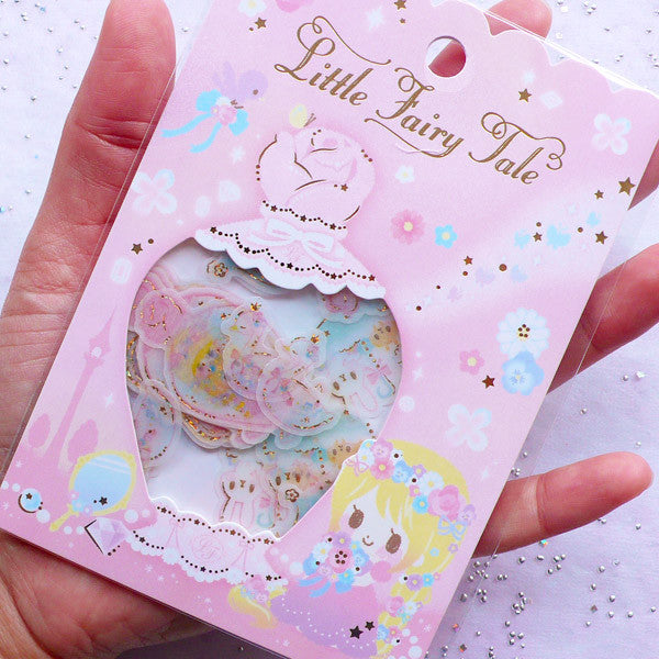 Pastel Princess Sticker Flakes | Translucent Little Fairy Tale Stickers | Fairy Kei Diary Deco Stickers | Planner Supplies | Fairytale Scrapbook (Animal Flower Perfume Bottle / 6 Designs / 36 Pieces)