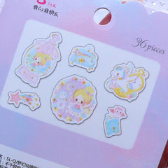 Fairy Kei Princess Sticker Flakes | Kawaii Pastel Kei Scrapbook | Fairytale Planner Deco Stickers | Semi Transparent Little Fairy Tale Stickers (Snow Globe Jewelry Box Unicorn Shooting Star Owl / 6 Designs / 36 Pieces)