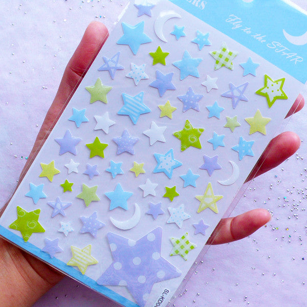 Crystal Star & Moon Stickers | Kawaii Scrapbook Supplies | Resin Coated Stickers | Card Decoration | Home Decor (1 Sheet)