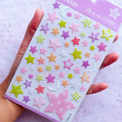 Kawaii Star & Moon Stickers with Crystal Resin Coating | Home Decoration | Scrapbooking & Papercraft Supplies (1 Sheet)