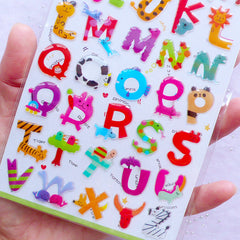 Animal Alphabet Stickers, Initial Letter Sticker with Crystal Resin C, MiniatureSweet, Kawaii Resin Crafts, Decoden Cabochons Supplies