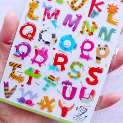 Animal Alphabet Stickers | Initial Letter Sticker with Crystal Resin Coating | Kawaii Home Decoration | Baby Shower Decor | Card Embellishments (1 Sheet)