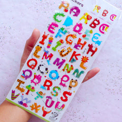 Animal Alphabet Stickers | Initial Letter Sticker with Crystal Resin Coating | Kawaii Home Decoration | Baby Shower Decor | Card Embellishments (1 Sheet)