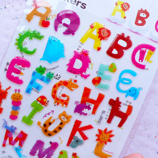 Animal Alphabet Stickers | Initial Letter Sticker with Crystal Resin Coating | Kawaii Home Decoration | Baby Shower Decor | Card Embellishments (1 Sheet)