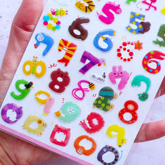 Animal Number Stickers | Kawaii Sticker Coated with Crystal Resin | Home Decor | Baby Shower Decoration | Paper Craft Supplies (1 Sheet)